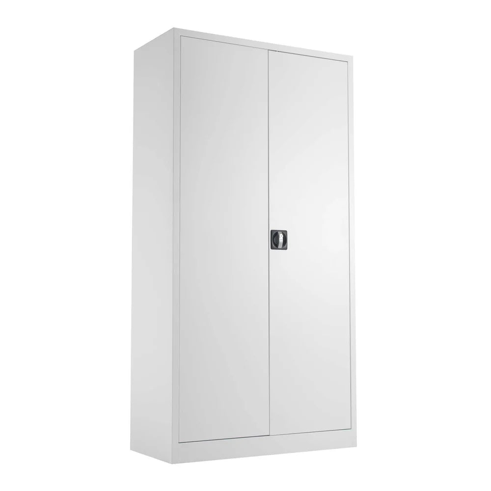 White metal storage cabinet with two doors on a white background