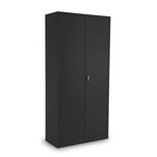 Black metal storage cabinet with two doors on a white background