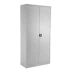 Grey metal storage cabinet with two doors on a white background