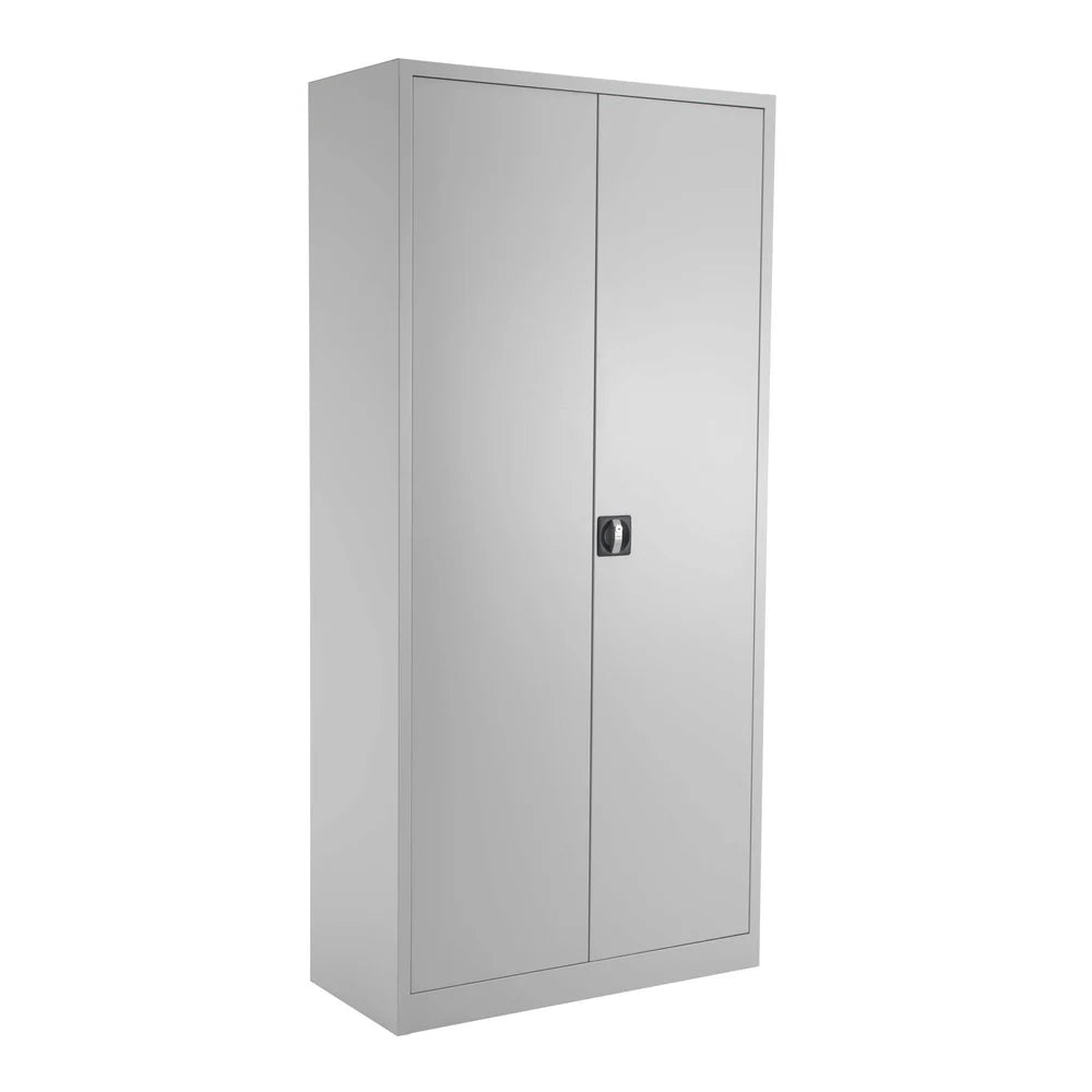Grey metal storage cabinet with two doors on a white background