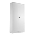 White metal storage cabinet with two doors on a white background