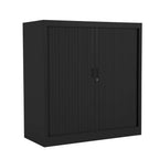 Black metal cabinet with sliding doors on a white background