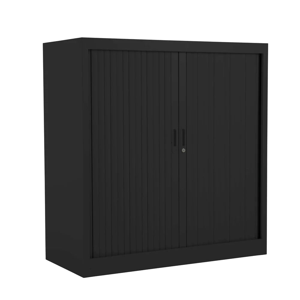 Black metal cabinet with sliding doors on a white background