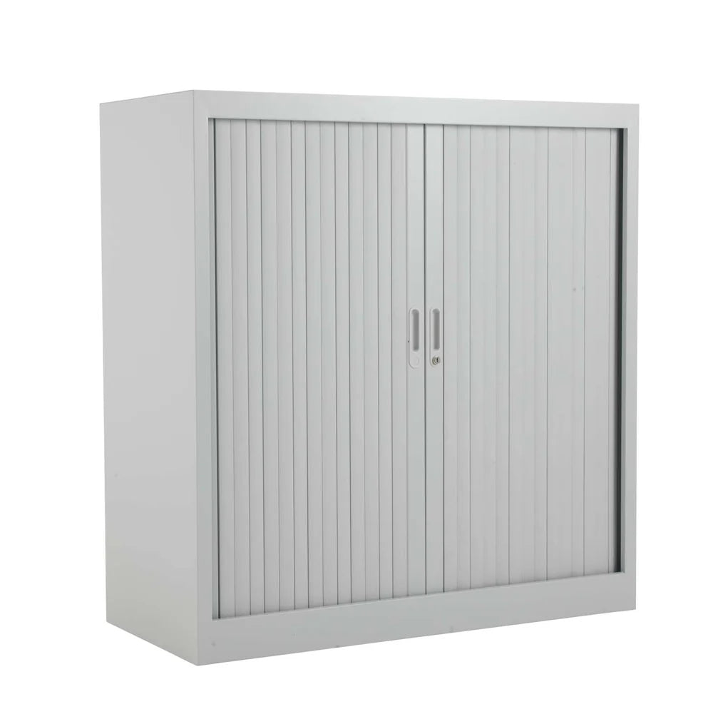 Grey metal cabinet with sliding doors on a white background