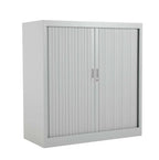 Grey metal cabinet with sliding doors on a white background