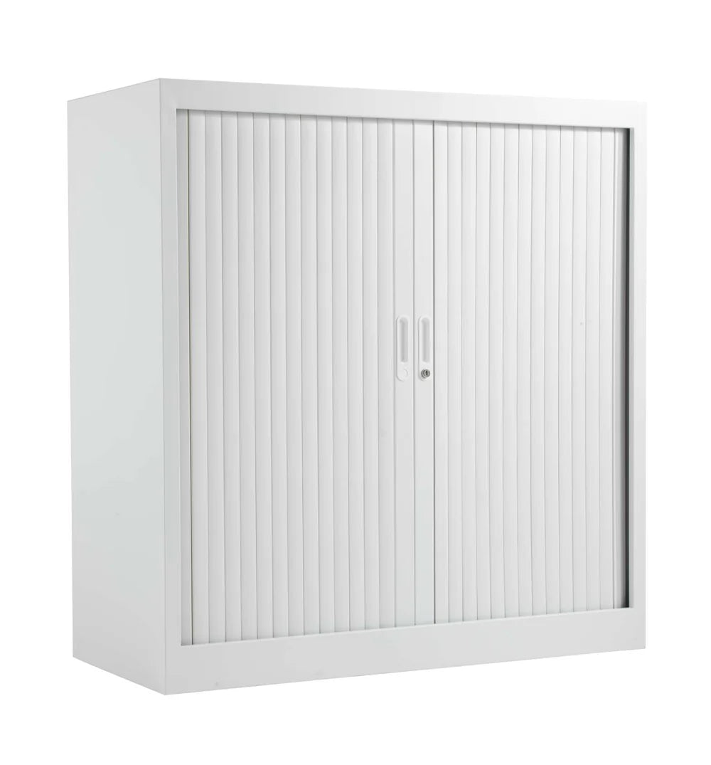 White metal cabinet with sliding doors on a white background