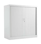 White metal cabinet with sliding doors on a white background