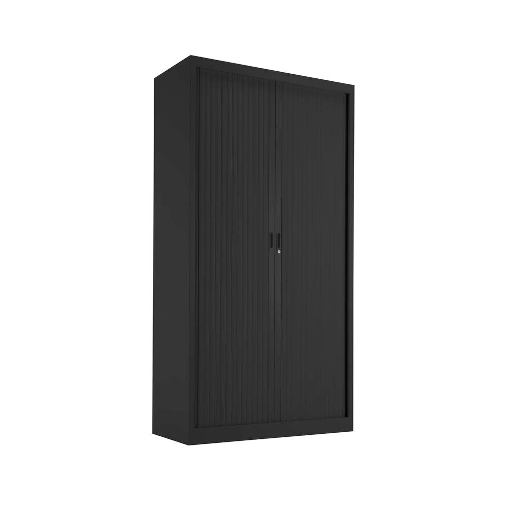 Black metal cabinet with sliding doors on a white background