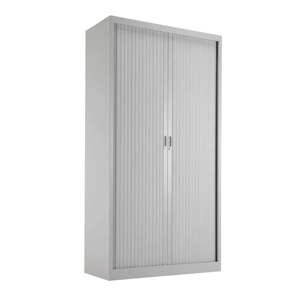 Grey metal cabinet with sliding doors on a white background