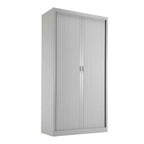 Grey metal cabinet with sliding doors on a white background