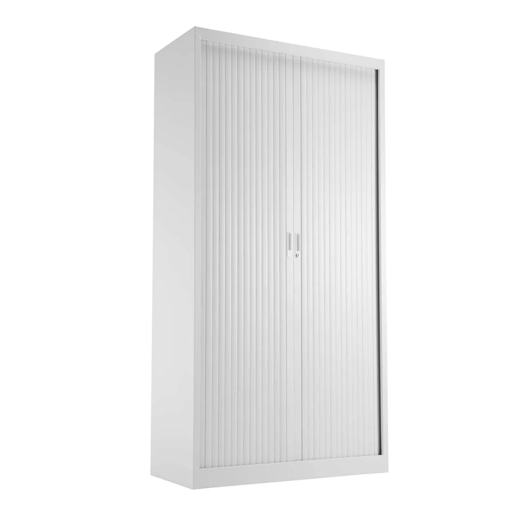 White metal cabinet with sliding doors on a white background