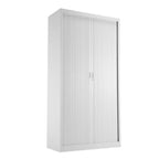 White metal cabinet with sliding doors on a white background