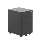 Black three-drawer filing cabinet on a white background