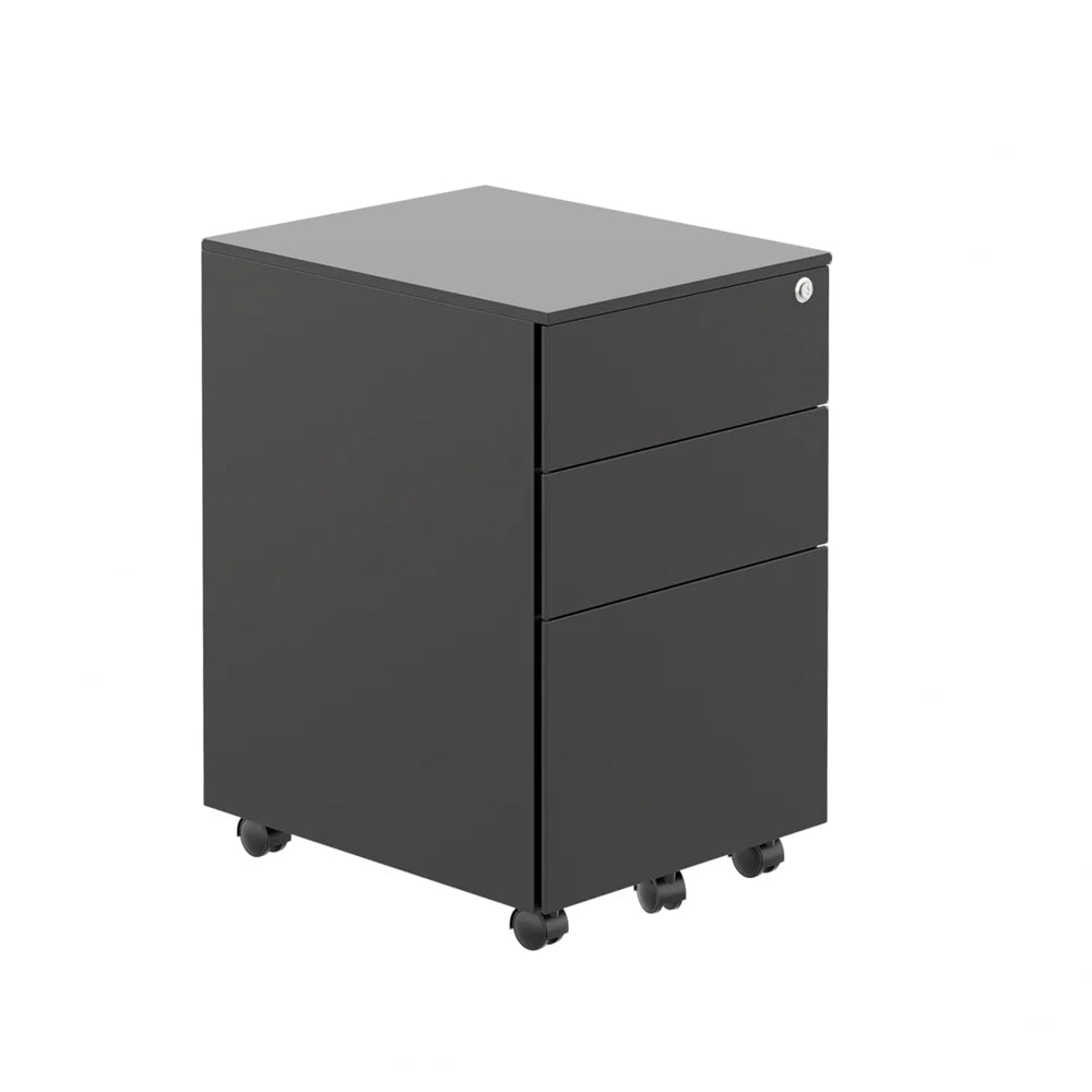 Black three-drawer filing cabinet on a white background
