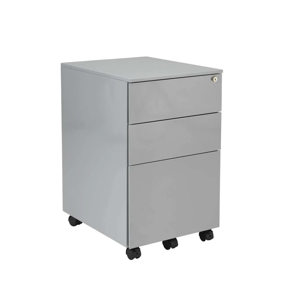 Grey three-drawer filing cabinet on wheels with a white background