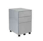 Grey three-drawer filing cabinet on wheels with a white background