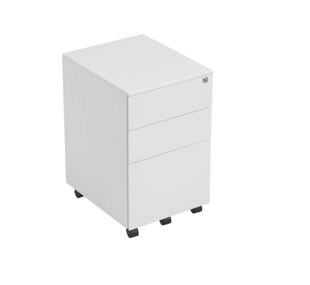 White three-drawer filing cabinet on a white background