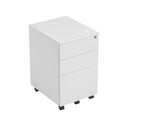 White three-drawer filing cabinet on a white background