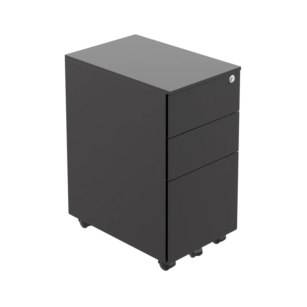 Black three-drawer filing cabinet on a white background