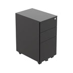 Black three-drawer filing cabinet on a white background