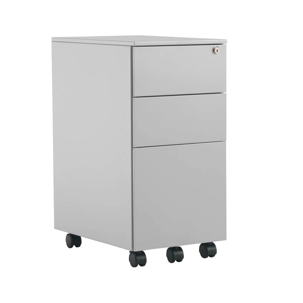 Grey file cabinet with three drawers on wheels against a white background