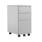 Grey file cabinet with three drawers on wheels against a white background
