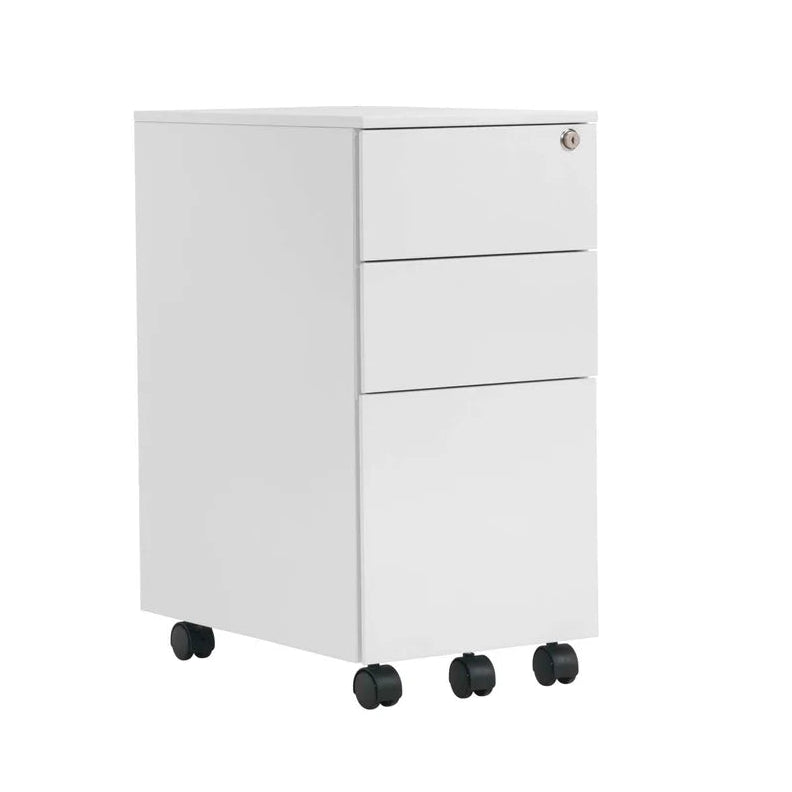 White three-drawer filing cabinet on wheels with a white background