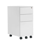 White three-drawer filing cabinet on wheels with a white background