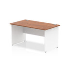 Panel end desk with wood-effect top and white legs on a white background