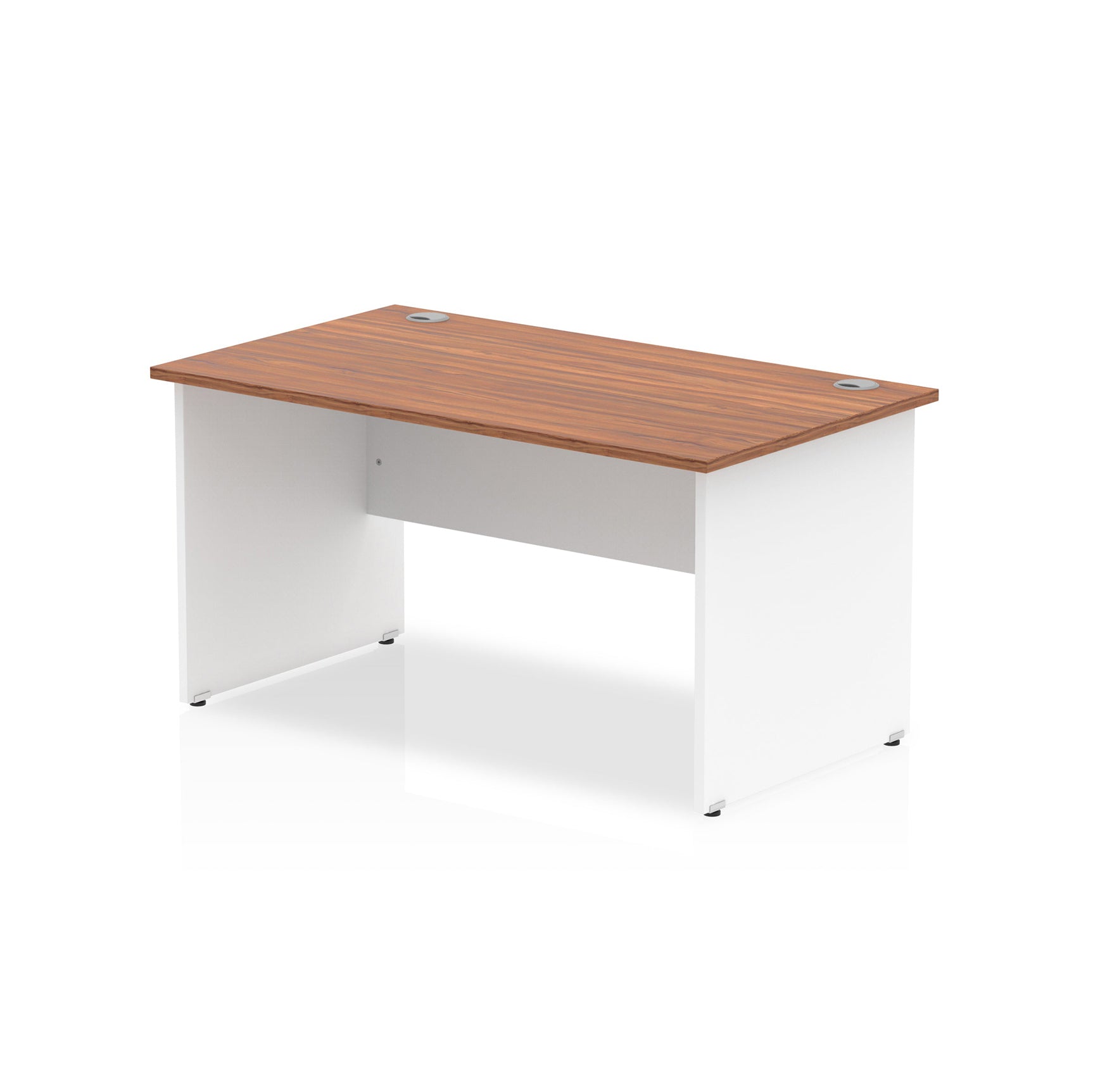 Panel end desk with wood-effect top and white legs on a white background