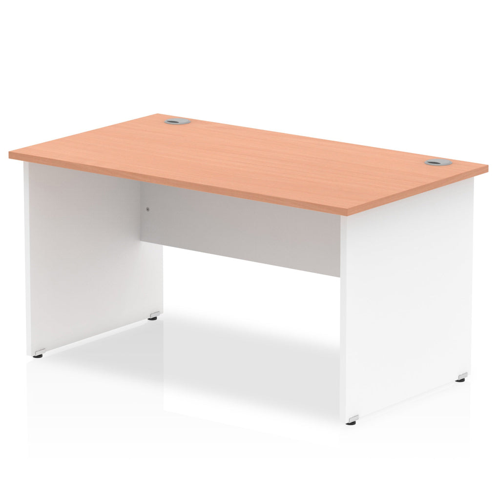 Panel end desk with wood-effect top and white legs on a white background