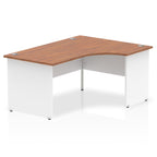 Corner office desk with wood-effect top and white panel end frame on a white background