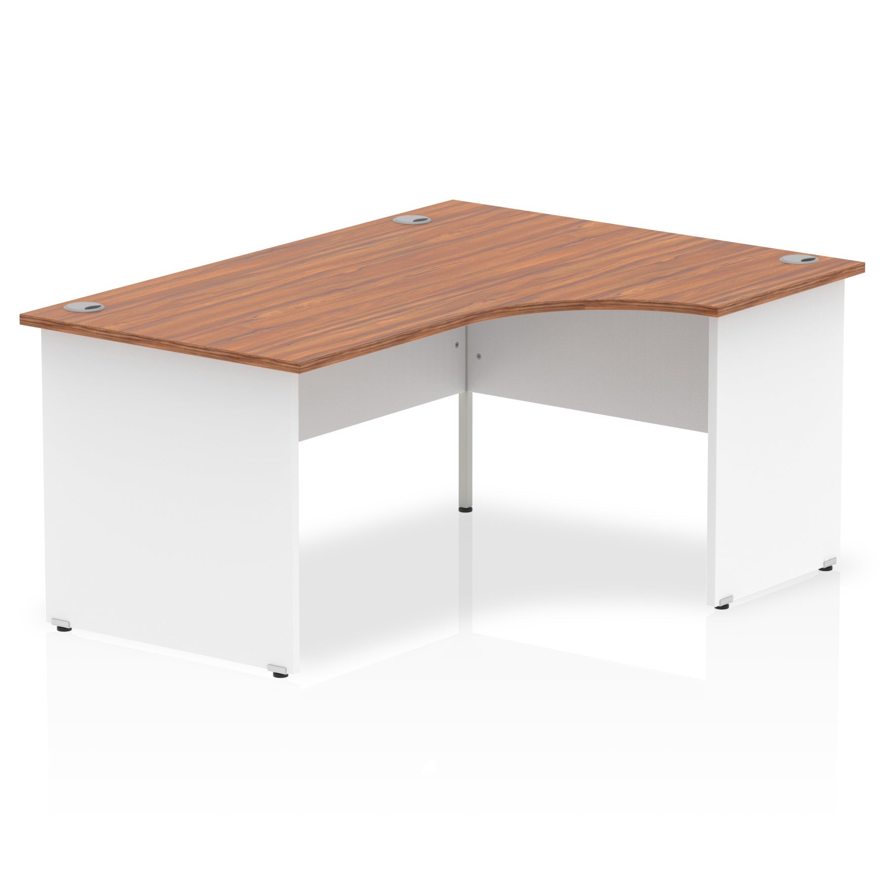 Corner office desk with wood-effect top and white panel end frame on a white background