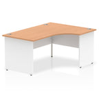 Corner office desk with wood-effect top and white panel end frame on a white background