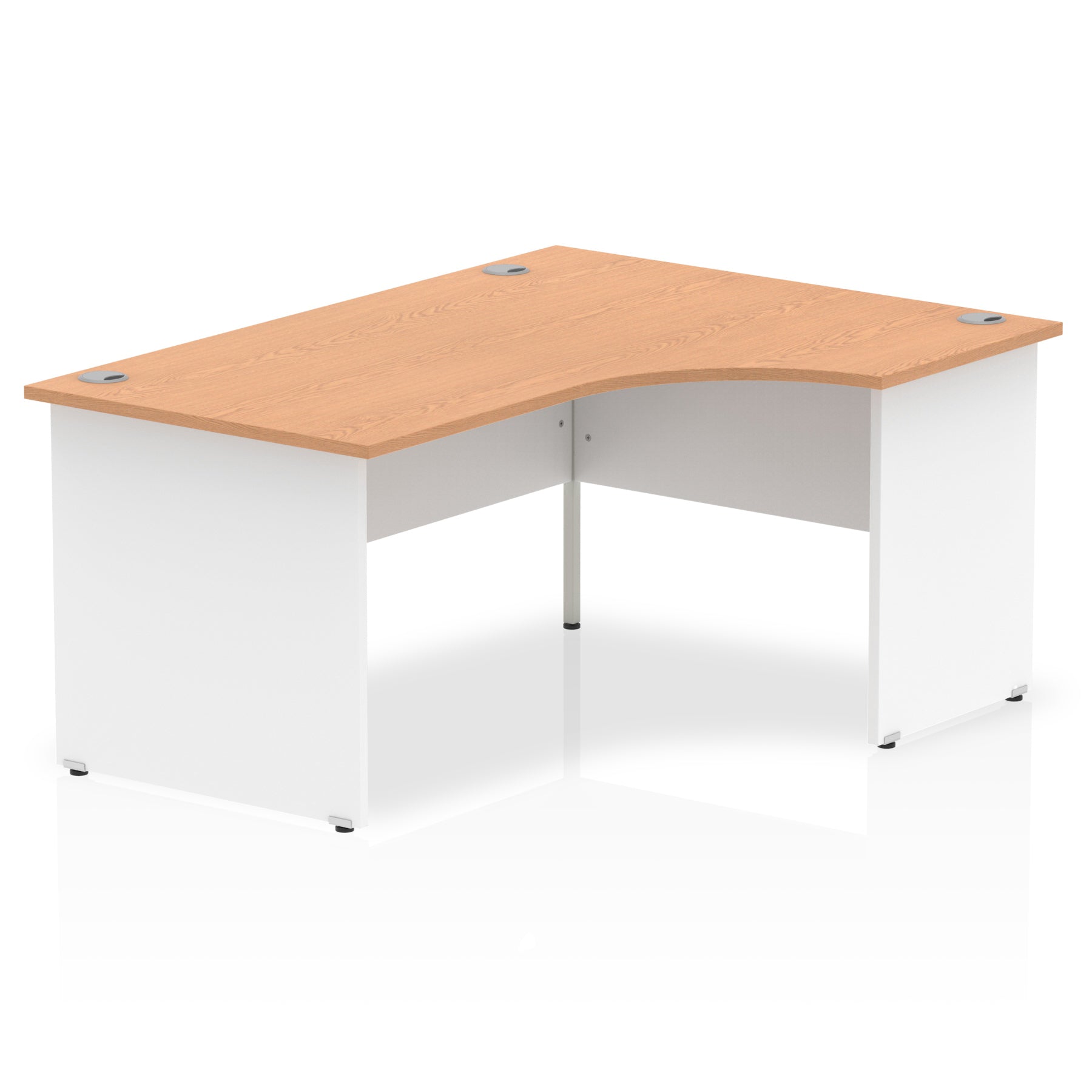 Corner office desk with wood-effect top and white panel end frame on a white background
