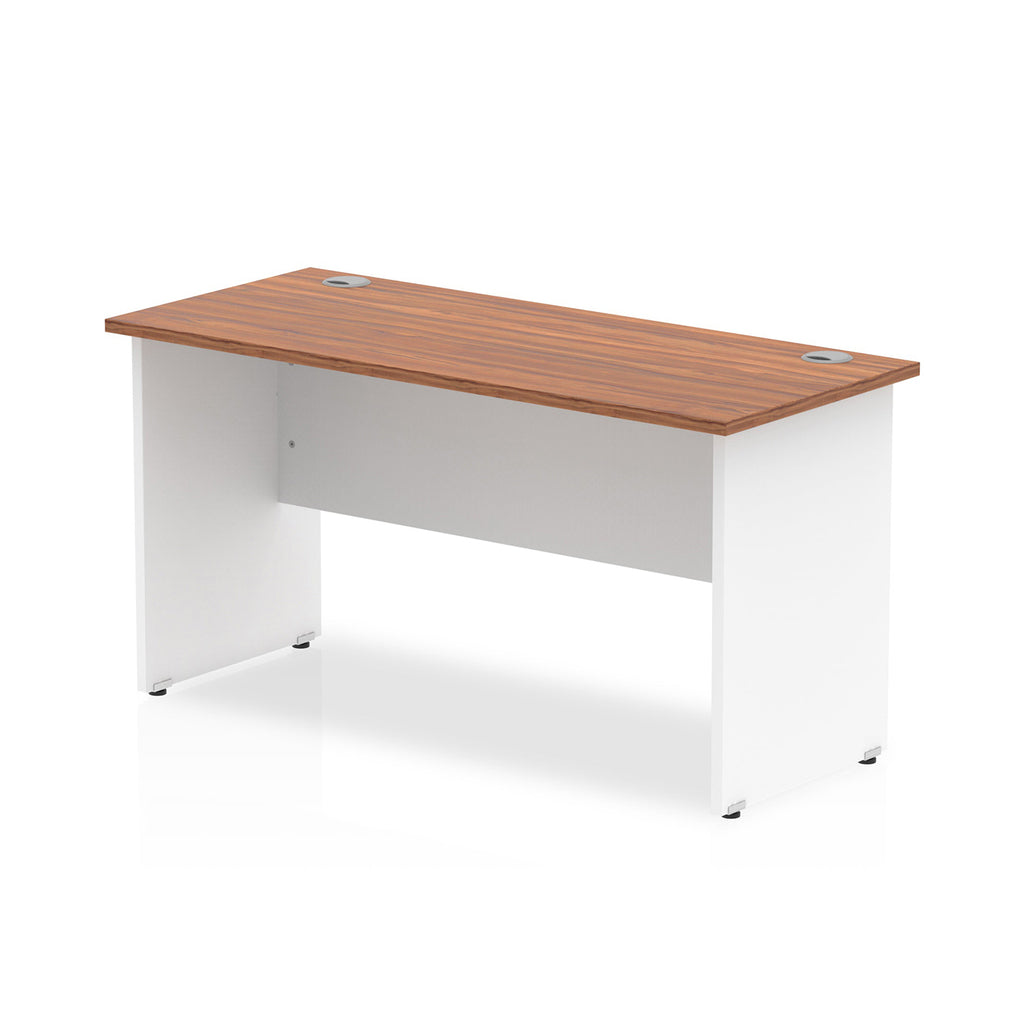 Panel end desk with wood-effect top and white legs on a white background