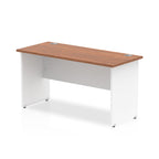 Panel end desk with wood-effect top and white legs on a white background
