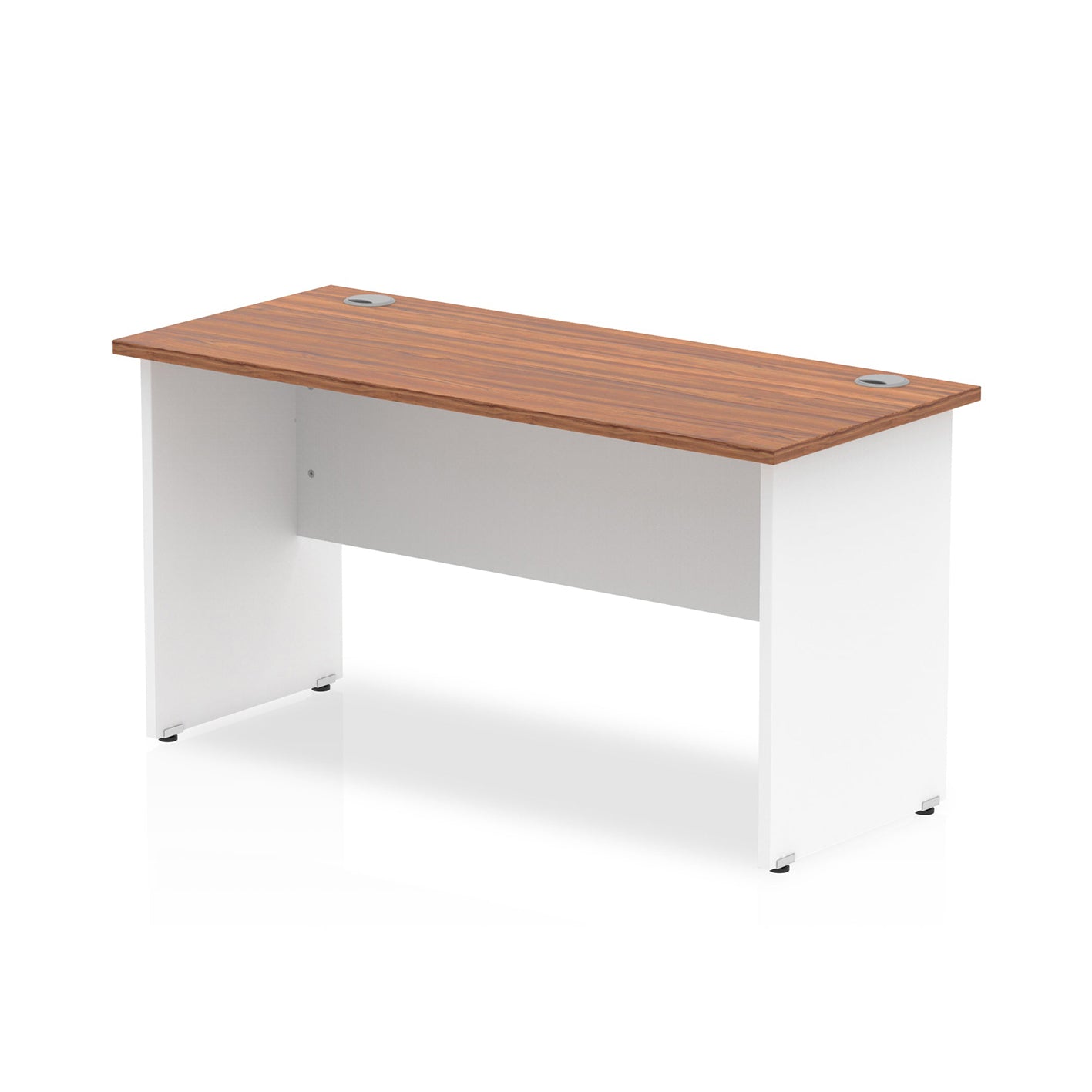 Panel end desk with wood-effect top and white legs on a white background