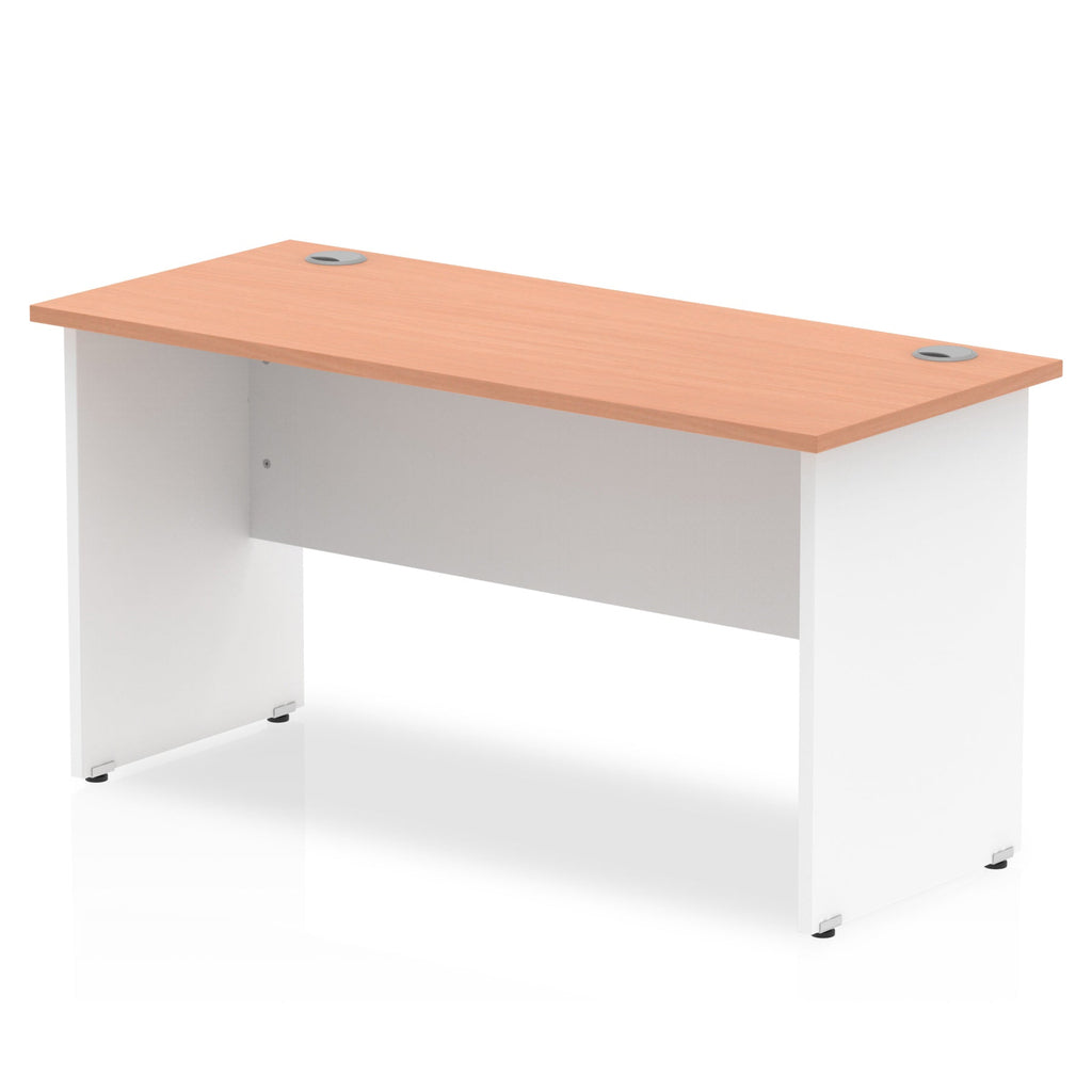 Panel end desk with wood-effect top and white legs on a white background