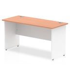 Panel end desk with wood-effect top and white legs on a white background