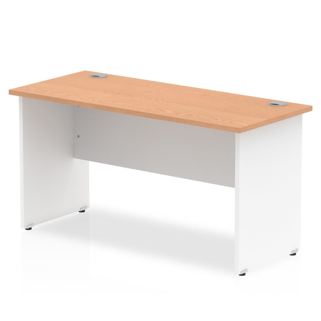 Panel end desk with wood-effect top and white legs on a white background