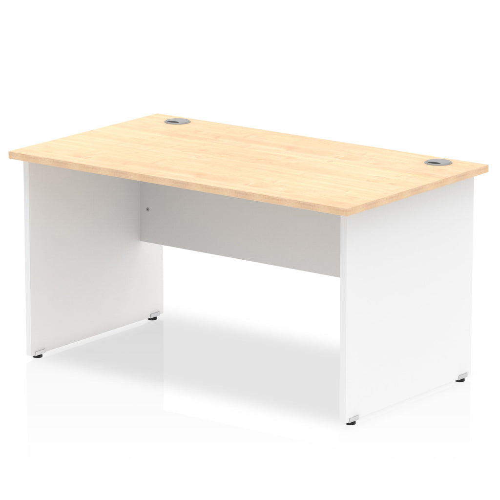 Panel end desk with wood-effect top and white legs on a white background