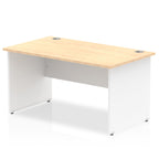 Panel end desk with wood-effect top and white legs on a white background