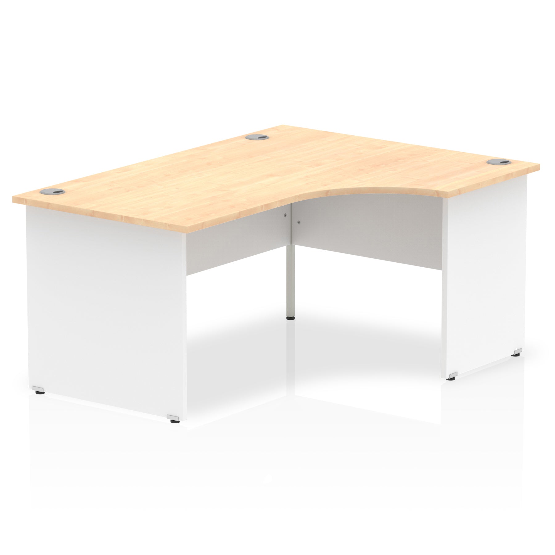 Corner office desk with wood-effect top and white panel end frame on a white background
