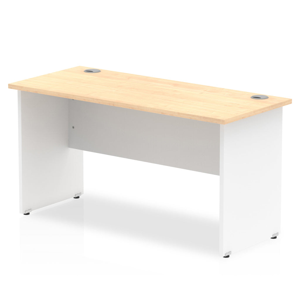 Panel end desk with wood-effect top and white legs on a white background