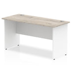 Panel end desk with wood-effect top and white legs on a white background