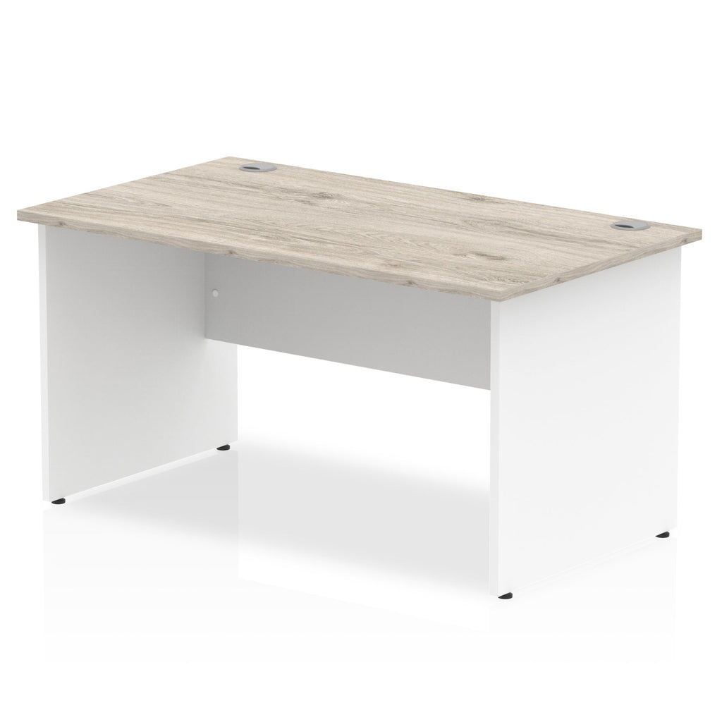 Panel end desk with wood-effect top and white legs on a white background