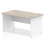 Panel end desk with wood-effect top and white legs on a white background