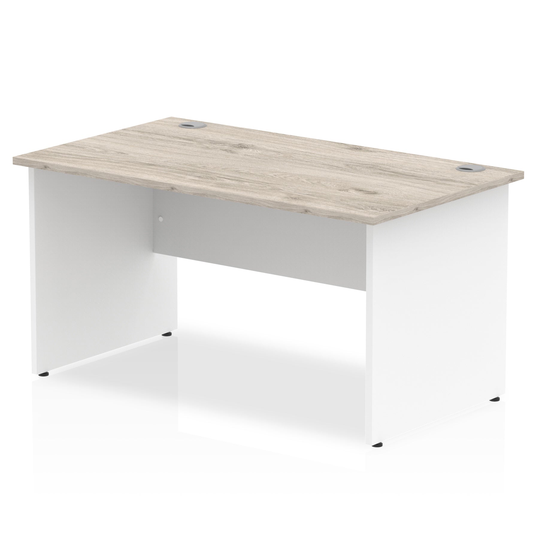 Panel end desk with wood-effect top and white legs on a white background