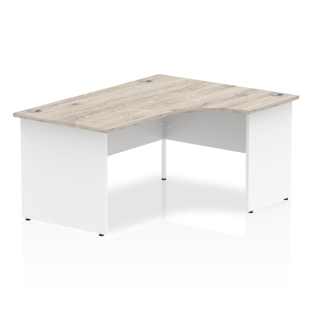 Corner office desk with wood-effect top and white panel end frame on a white background